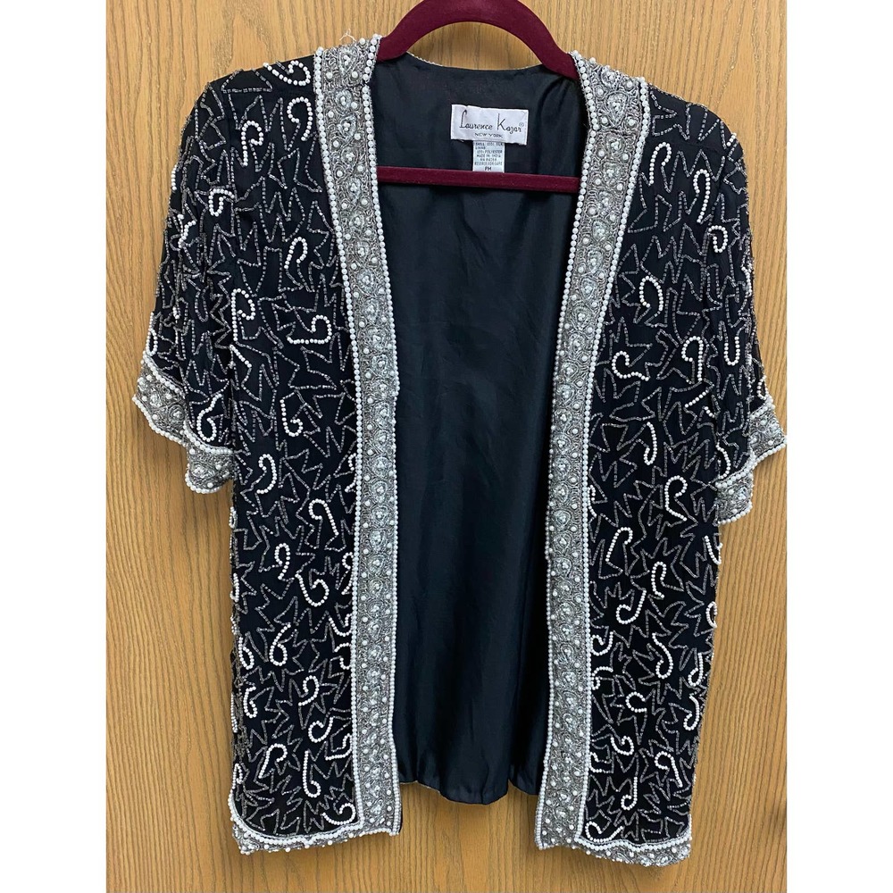 Laurence Kazar NY Beaded Jacket Black Petite Medium 100% Silk True Vintage